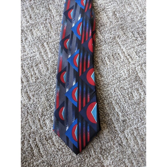 Vintage Bugatti 100% Italian Silk Mens Neck Tie Red & Blue Geometric Necktie - Picture 1 of 8